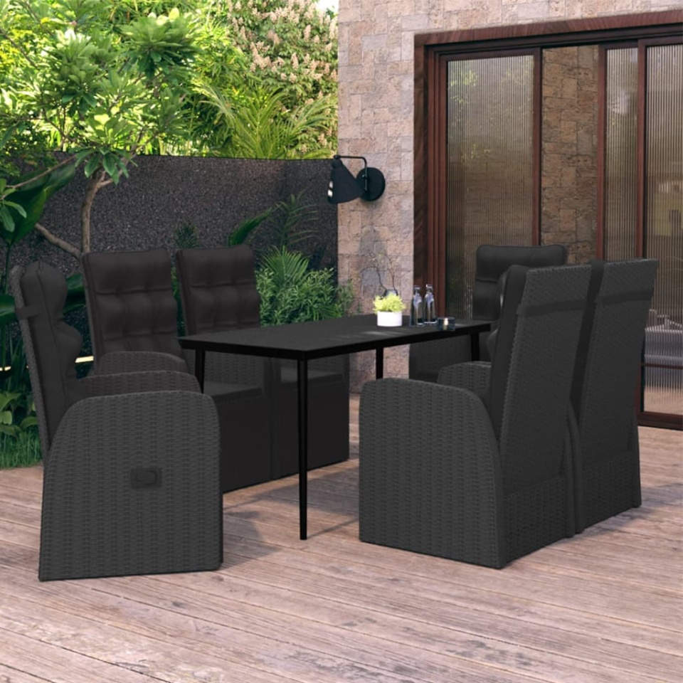 Set de masă pentru grădină, 7 piese, cu perne, negru