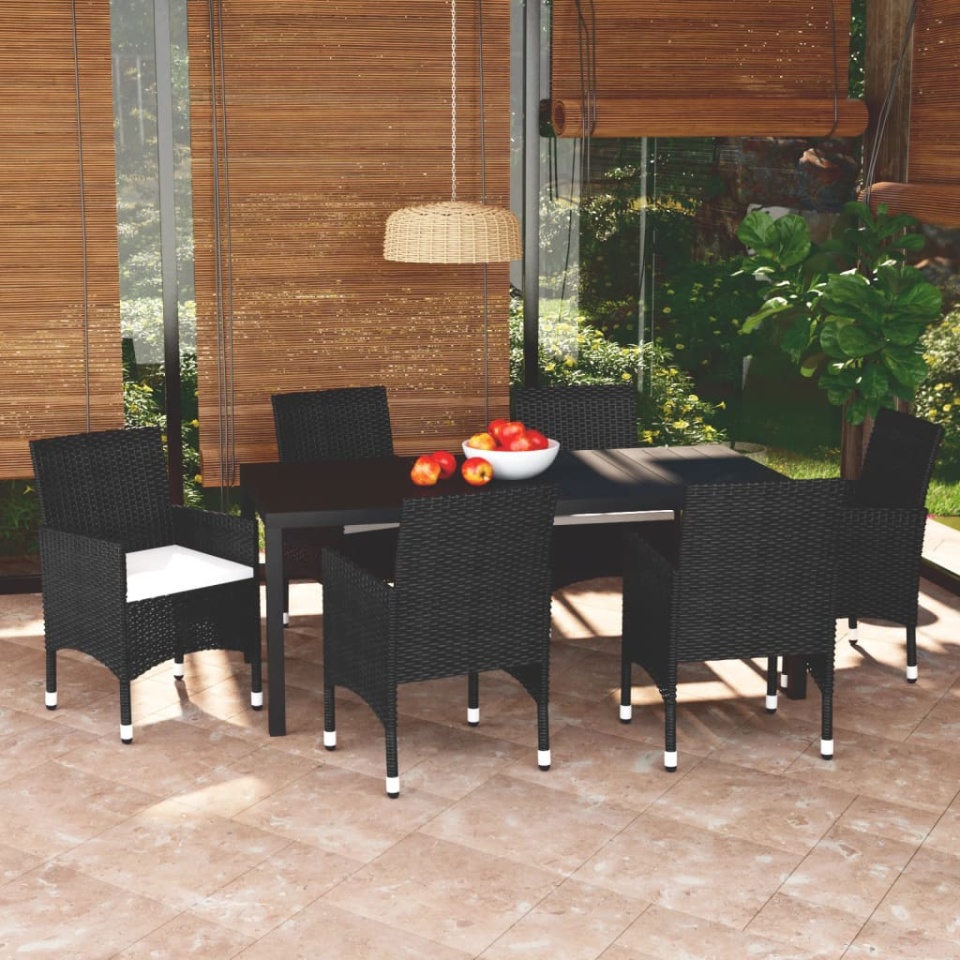 Set de masă pentru grădină cu perne, 7 piese, negru, poliratan