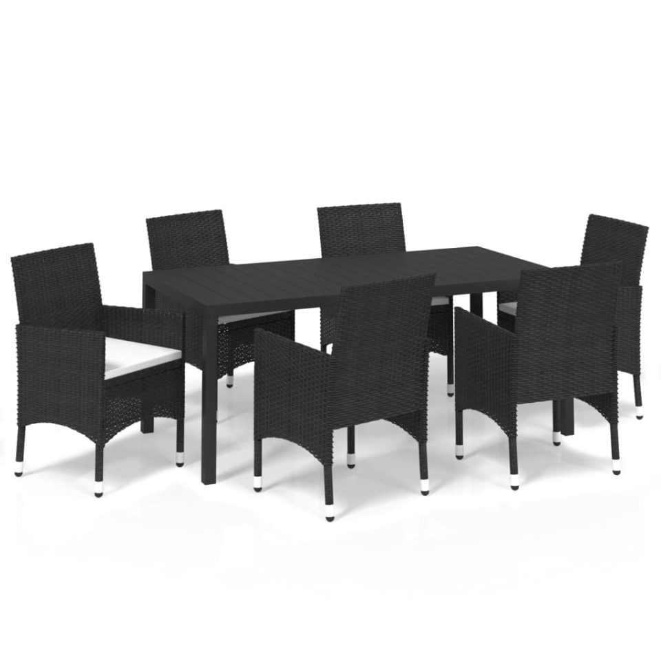 Set de masă pentru grădină cu perne, 7 piese, negru, poliratan - 1 | YEO