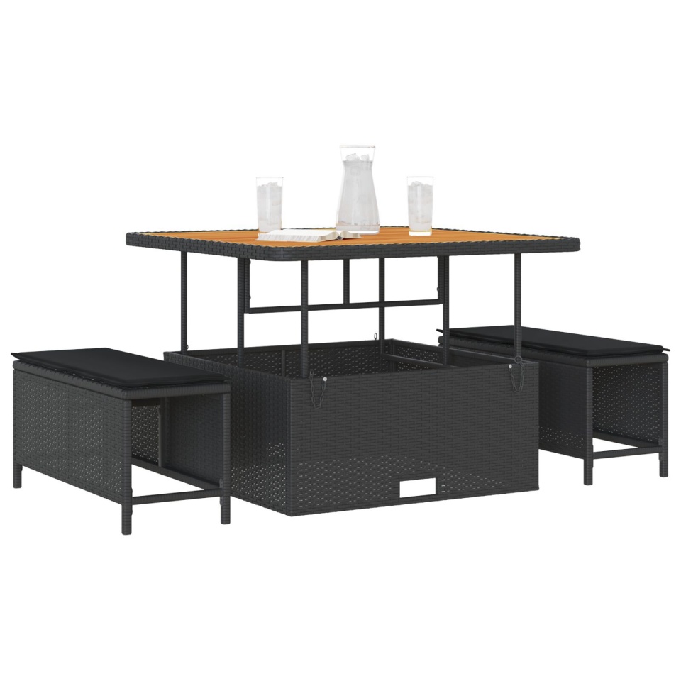 Set de Masă pentru Grădină cu Perne Negru Poliratan Acacia - 2 | YEO