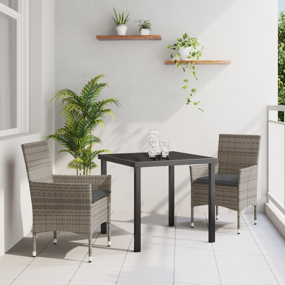 Set de mese pentru grădină cu perne din ratan sintetic gri în 3 piese, Masă de grădină Neagră 80x80x73 cm din sticlă securizată