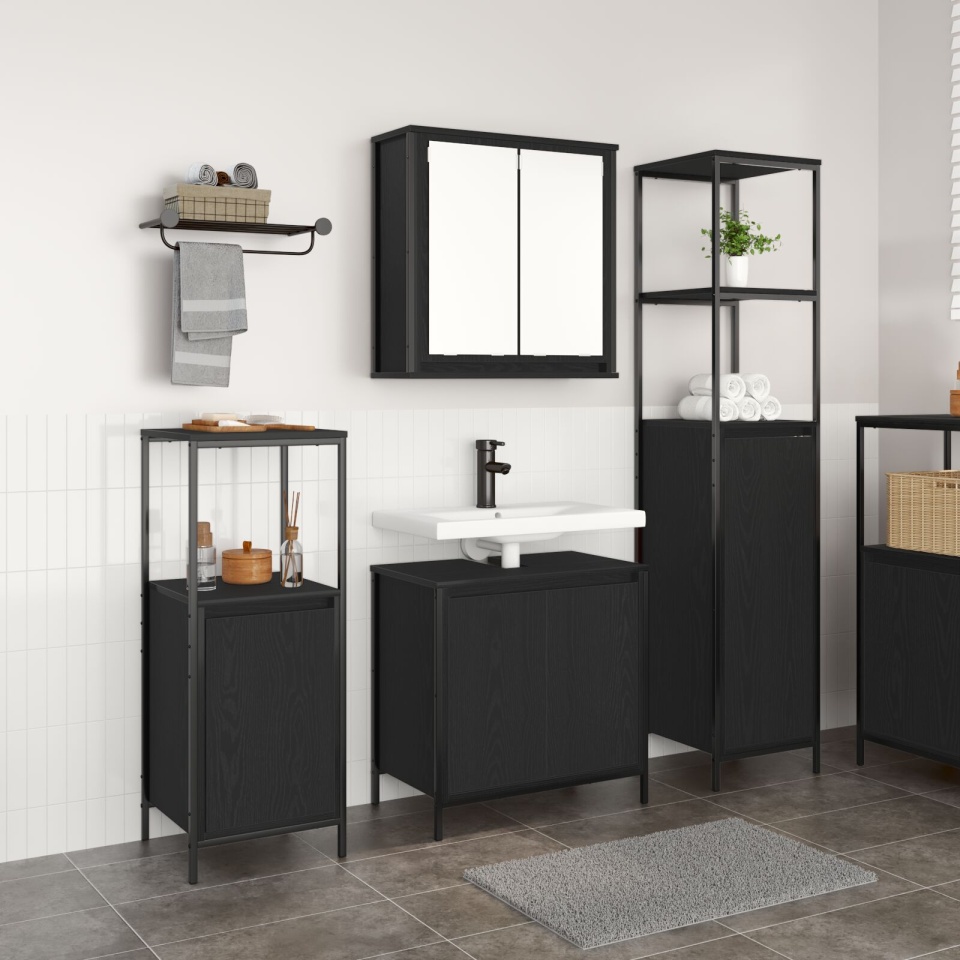 Set de mobilă pentru baie 3 piese din lemn compozit stejar negru