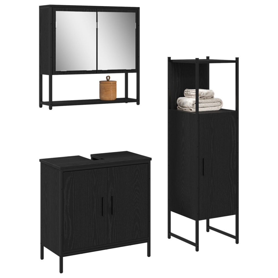 Set de Mobilier pentru Baie 3 Piese Negru Stejar Lemn Prelucrat - 2 | YEO