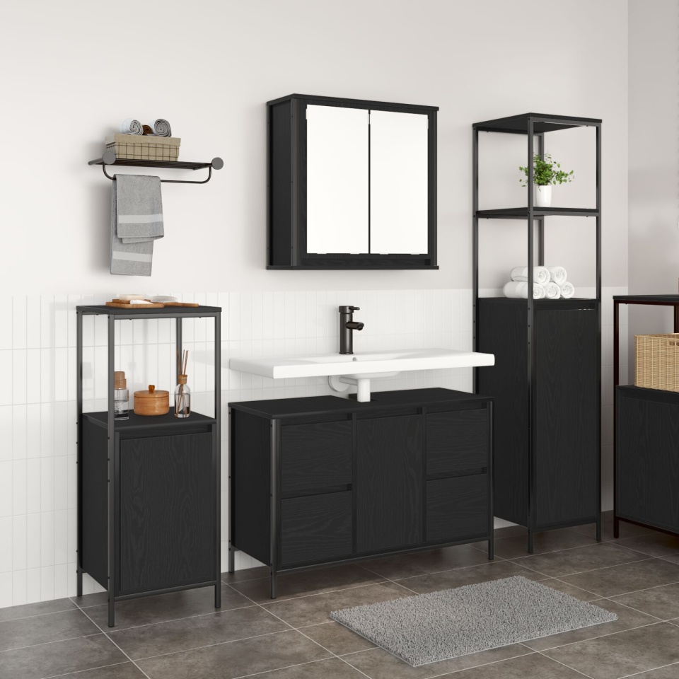 Set de mobilier pentru baie 3 piese - Stejar negru din lemn prelucrat