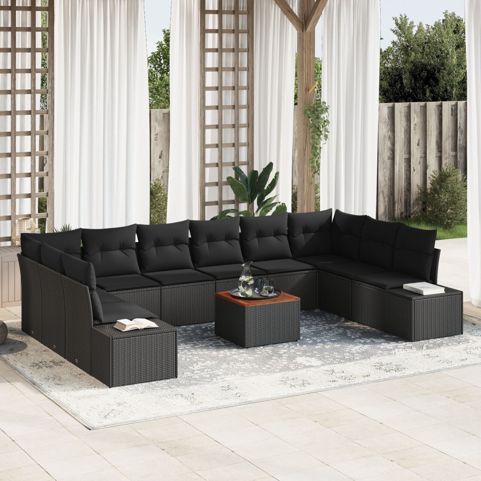 Set de Sofa de 11 Piese pentru Grădină cu Perne Negru Poli Ratan Acacia