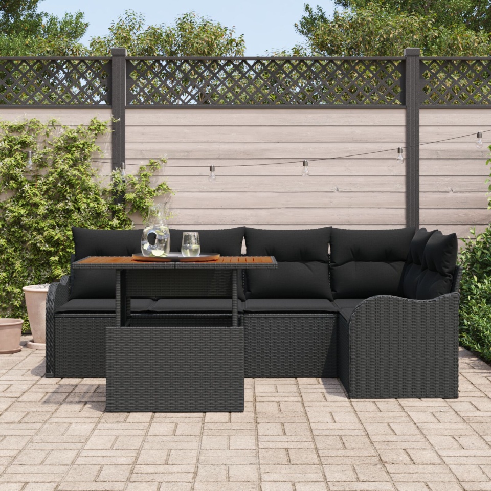 Set de Sofa de Grădină cu 6 Piese și Perne din Ratan Poli Negru, Sofa de Grădină cu 2 Locuri și Spațiu de Stocare & Perne din Ratan Poli Negru - 2 | YEO