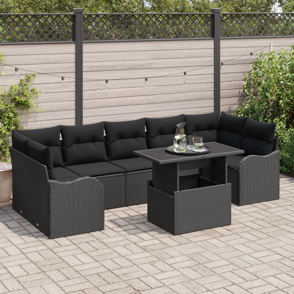 Set de Sofa de Grădină cu 8 Piese și Perne Negru Poli Ratan, Sofa de Grădină cu 2 Locuri și Spațiu de Stocare & Perne Negru Poli Ratan