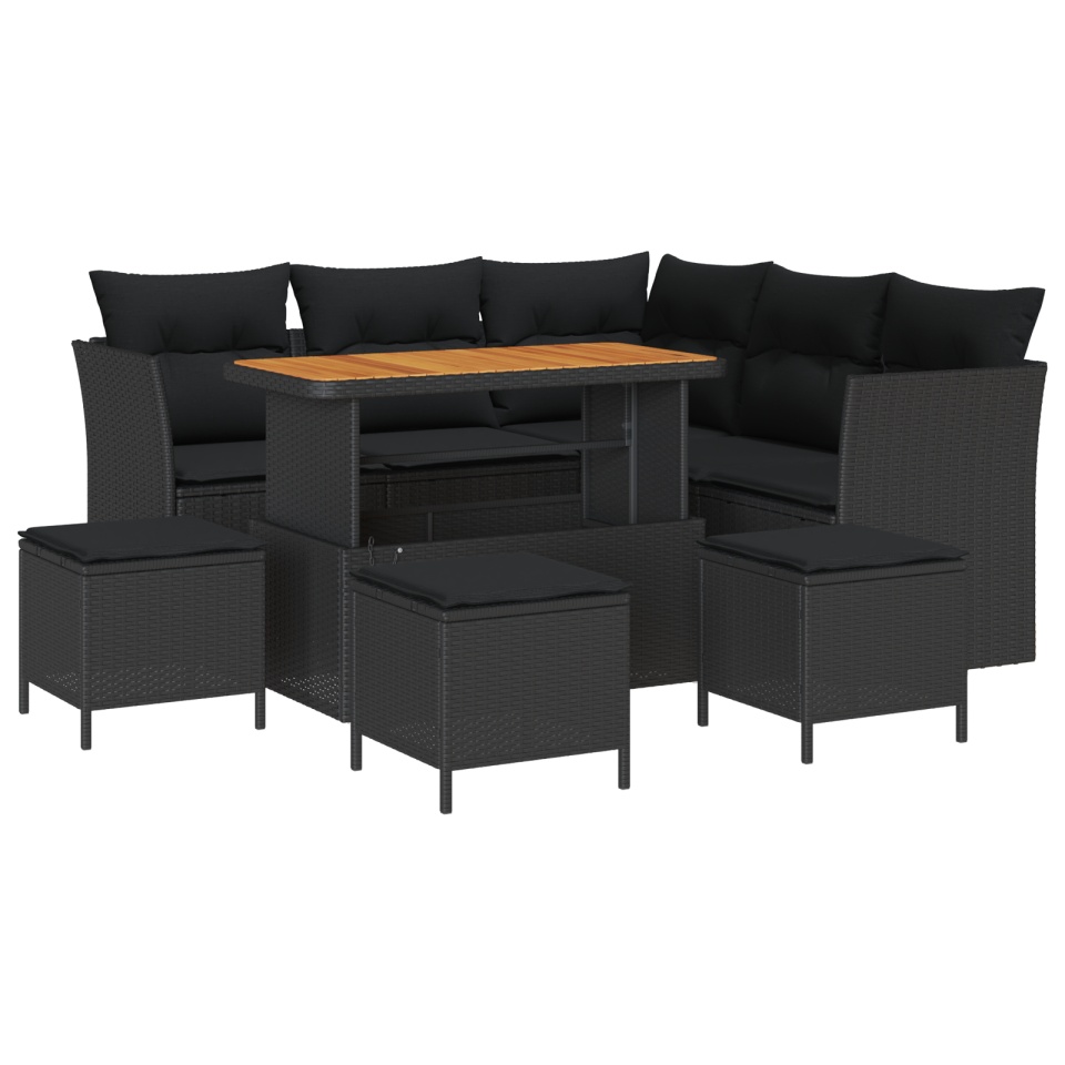 Set de sofa de grădină cu 9 piese și perne Negru Ratan Poli Acacia, Set de dining de grădină cu 4 piese și perne Negru Ratan Poli Acacia - 1 | YEO