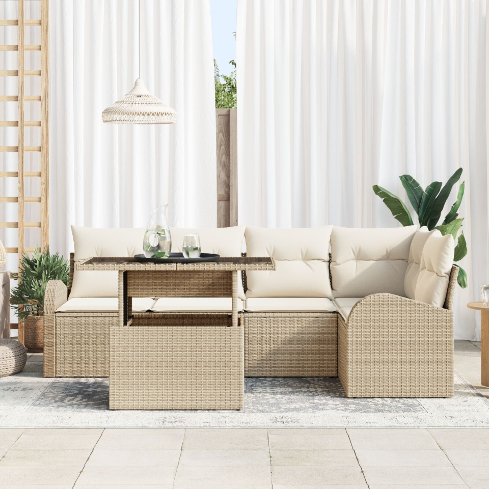 Set de Sofa pentru Grădină cu 6 Piese și Perne Bej din Ratan Polimer, Sofa de Grădină cu 2 Locuri cu Spațiu de Depozitare și Perne Bej din Ratan Polimer - 2 | YEO