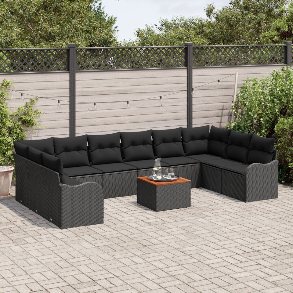 Set de Sofă pentru Grădină de 11 Piese cu Pernuțe Ratan Negru Acacia, Sofa pentru Grădină cu 2 Locuri cu Spațiu de Stocare & Pernuțe Ratan Negru - 2 | YEO