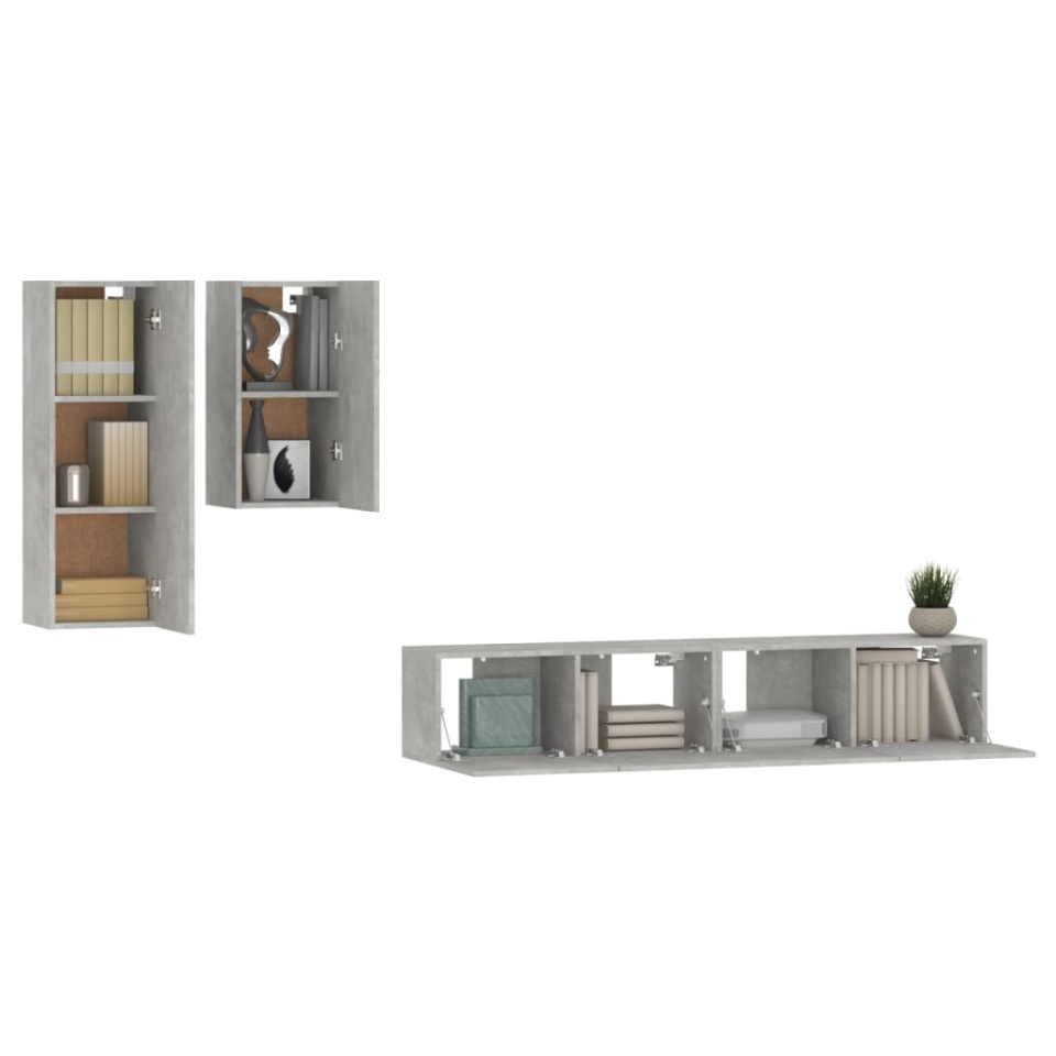 Set dulap TV, 4 piese, gri beton, lemn prelucrat - 3 | YEO