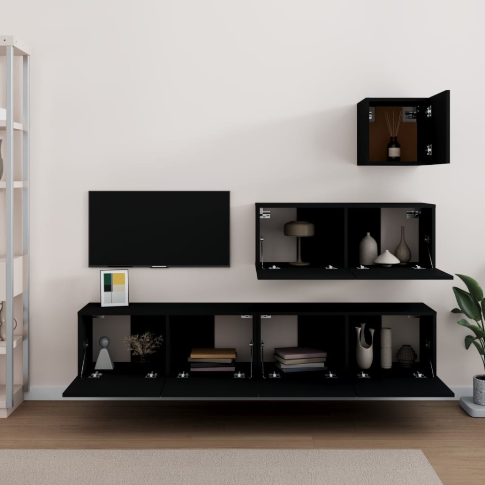 Set dulap TV, 4 piese, negru, lemn prelucrat - 2 | YEO