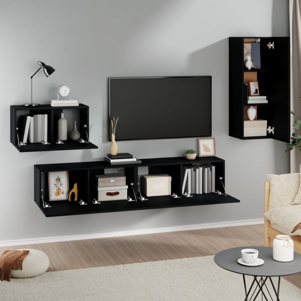 Set dulap TV, 4 piese, negru, lemn prelucrat - 2 | YEO