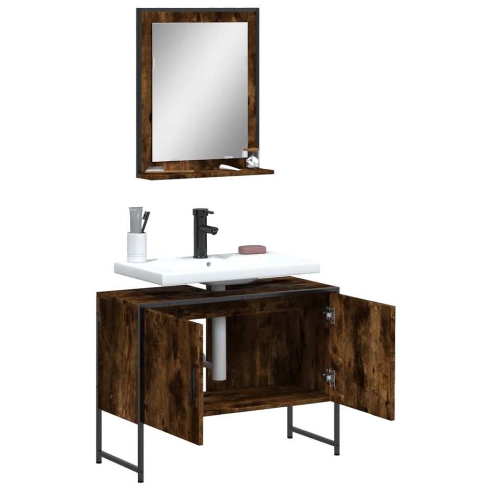 Set dulapuri de baie, 2 piese, stejar afumat, lemn prelucrat - 3 | YEO