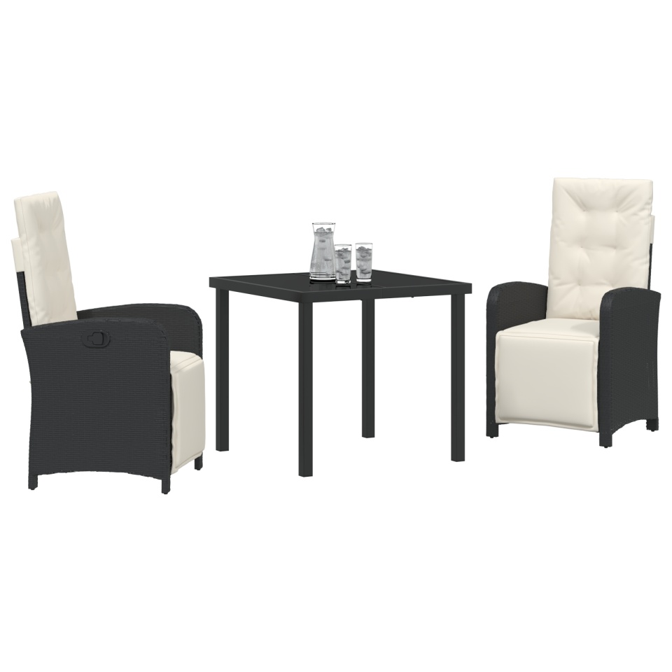 Set masă grădină 3 piese cu perne, Negru, Ratan Polimer, Masă grădină Neagră 80x80x73 cm, Sticlă temperată - 2 | YEO