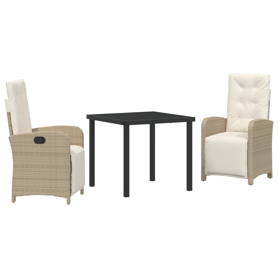 Set mese grădină 3 piese cu perne bej din ratan poli, Masă grădină Neagră 80x80x73 cm din sticlă securizată - 1 | YEO
