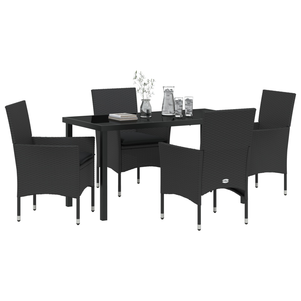 Set mese grădină 5 piese cu perne poliratan negru, Masă neagră 140x80x73 cm din sticlă securizată - 2 | YEO