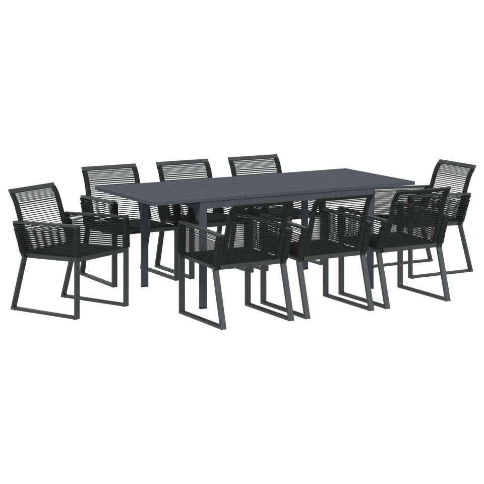 Set mese grădină 9 Piese Negru Poliratan, Masă grădină extensibilă Anthracite (140-210)x90x73 cm Oțel - 1 | YEO
