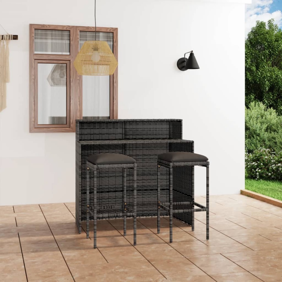 Set mobilier bar de grădină cu perne, 3 piese, gri