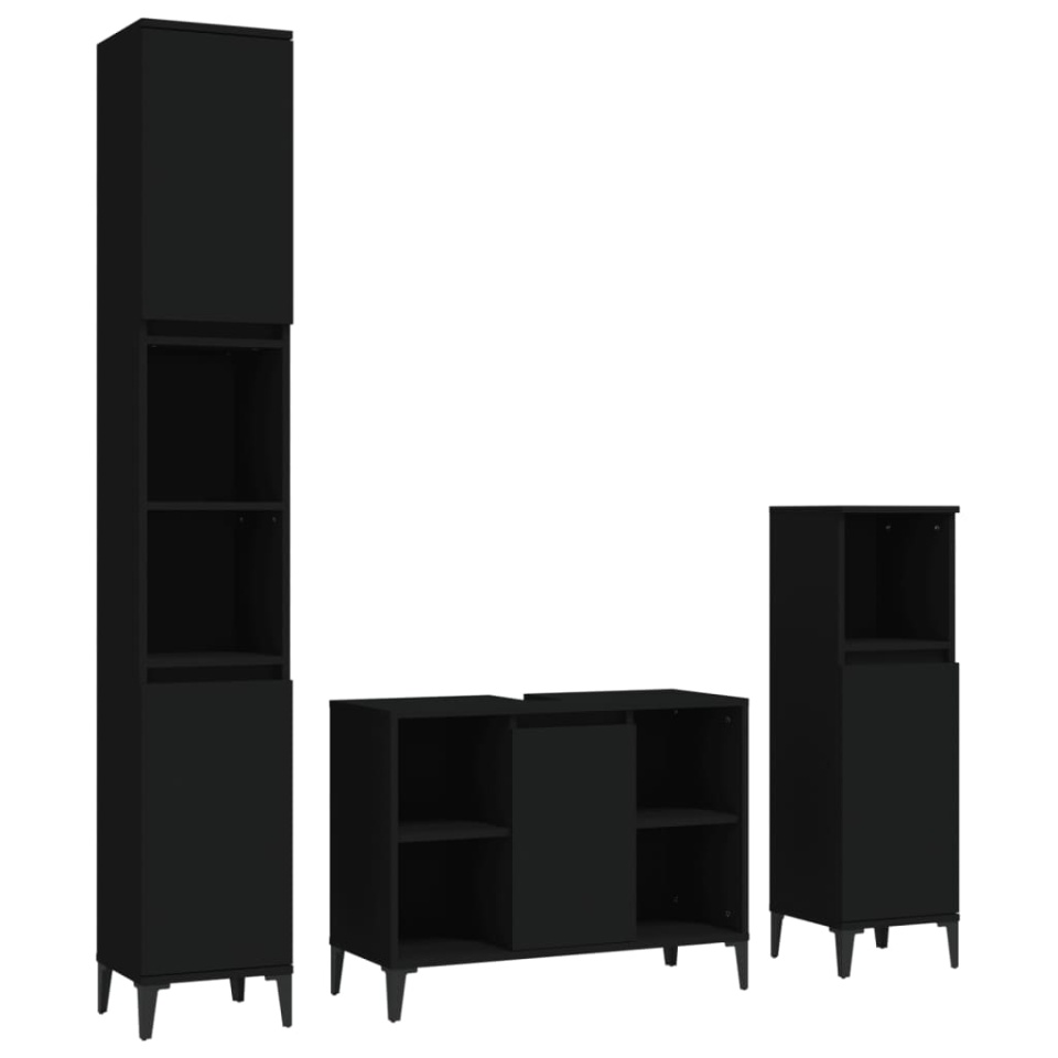 Set mobilier de baie, 3 piese, negru, lemn compozit - 1 | YEO