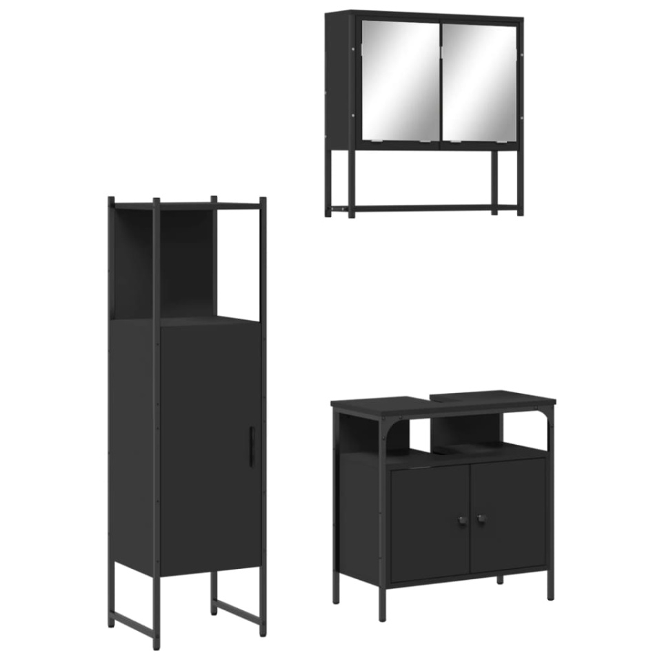Set mobilier de baie, 3 piese, negru, lemn compozit - 1 | YEO