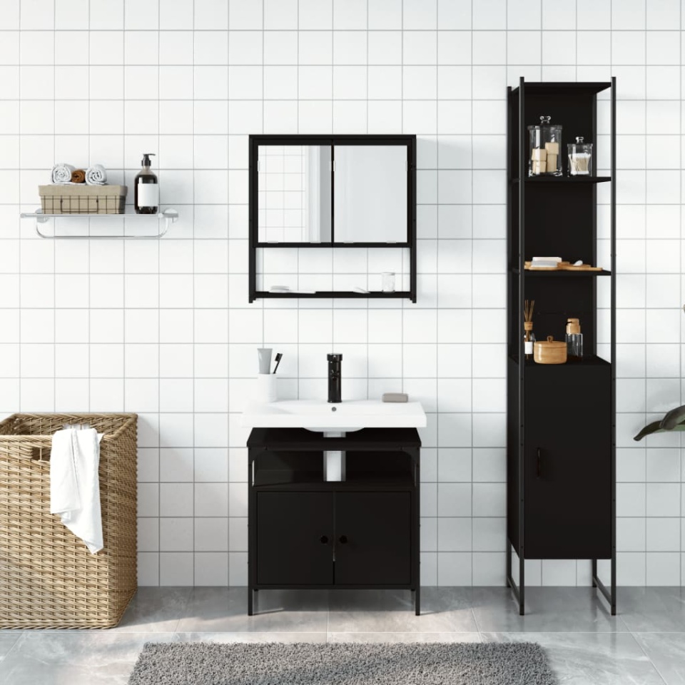 Set mobilier de baie, 3 piese, negru, lemn compozit - 2 | YEO