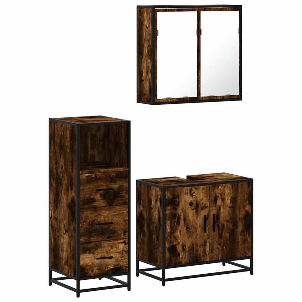 Set mobilier de baie, 3 piese, stejar fumuriu, lemn prelucrat - 1 | YEO