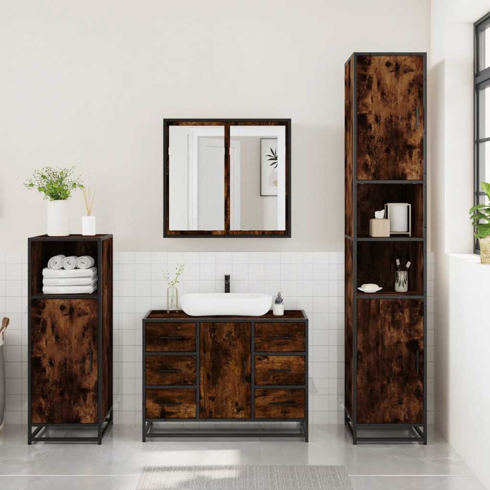 Set mobilier de baie, 3 piese, stejar fumuriu, lemn prelucrat - 2 | YEO