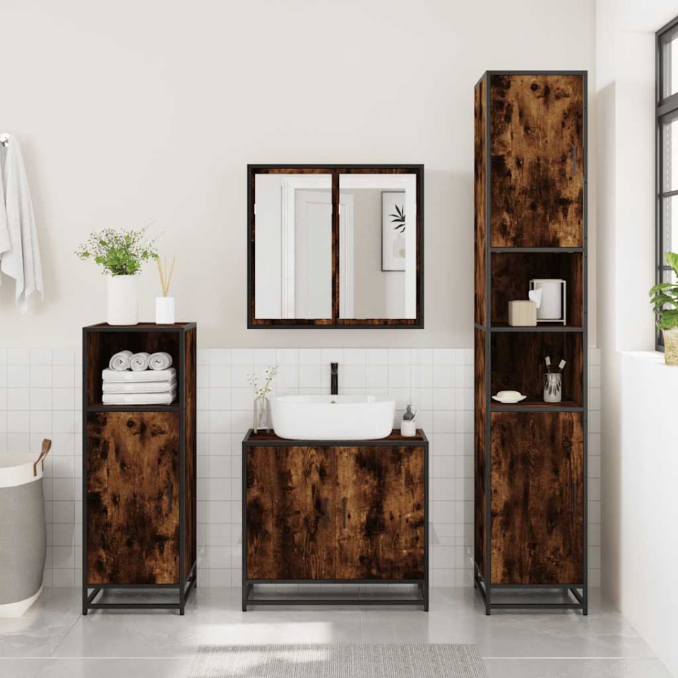 Set mobilier de baie, 3 piese, stejar fumuriu, lemn prelucrat - 2 | YEO
