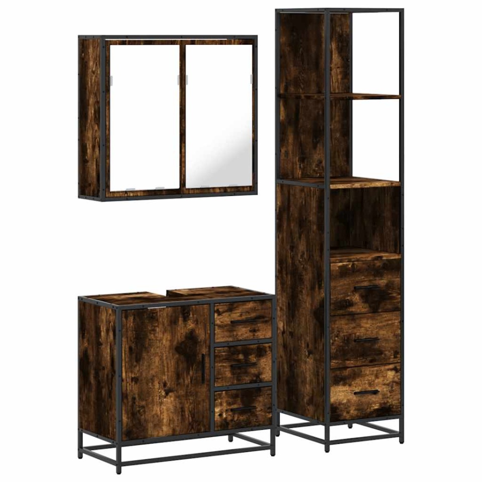 Set mobilier de baie, 3 piese, stejar fumuriu, lemn prelucrat - 1 | YEO