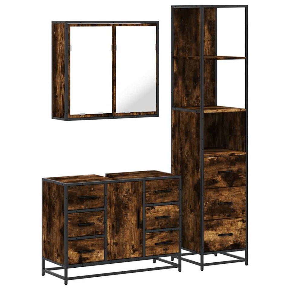 Set mobilier de baie, 3 piese, stejar fumuriu, lemn prelucrat - 1 | YEO