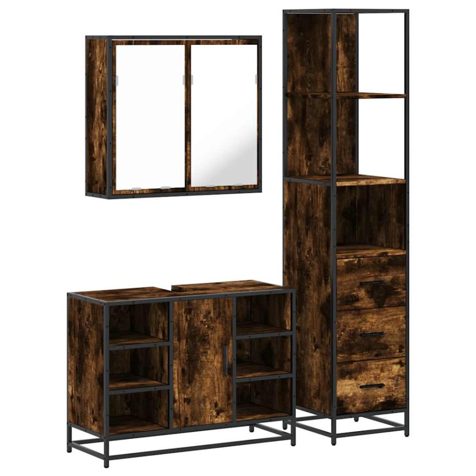 Set mobilier de baie, 3 piese, stejar fumuriu, lemn prelucrat - 1 | YEO