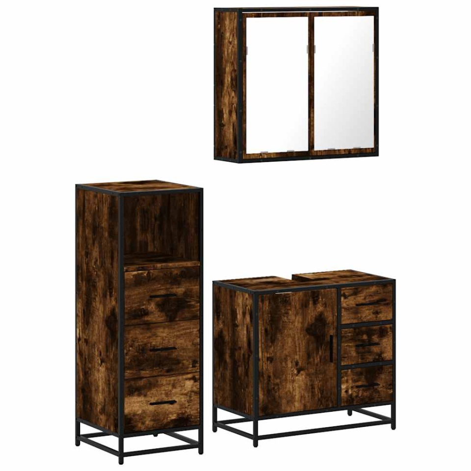 Set mobilier de baie, 3 piese, stejar fumuriu, lemn prelucrat - 1 | YEO