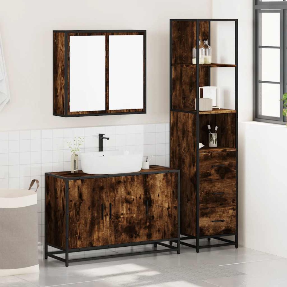 Set mobilier de baie, 3 piese, stejar fumuriu, lemn prelucrat - 2 | YEO
