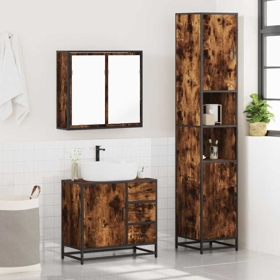 Set mobilier de baie, 3 piese, stejar fumuriu, lemn prelucrat - 3 | YEO