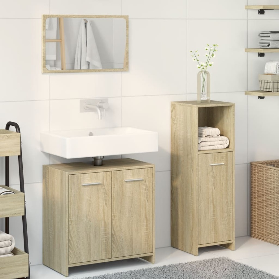 Set mobilier de baie, 3 piese, stejar sonoma, lemn prelucrat - 2 | YEO
