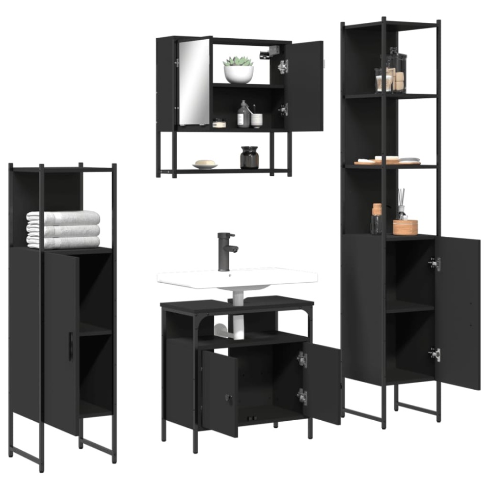 Set mobilier de baie, 4 piese, negru, lemn prelucrat - 3 | YEO