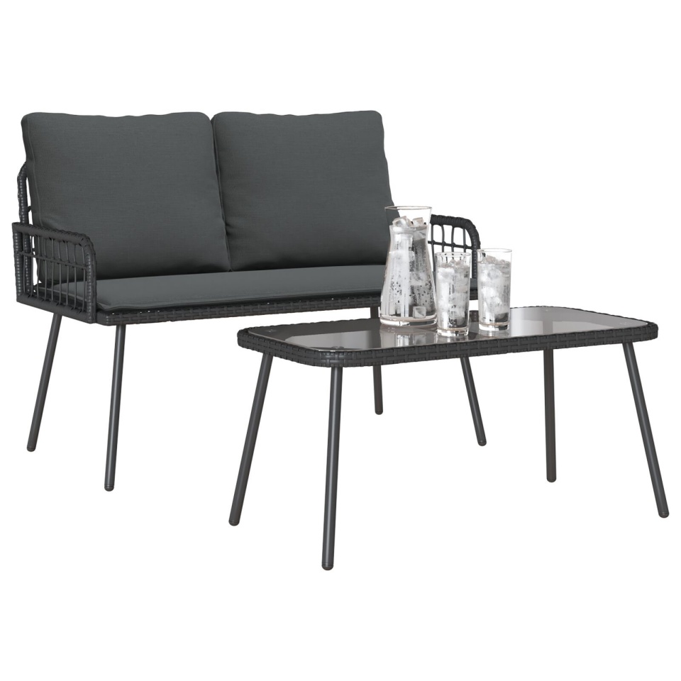 Set mobilier de grădină, 2 piese, cu perne, negru, poliratan - 2 | YEO