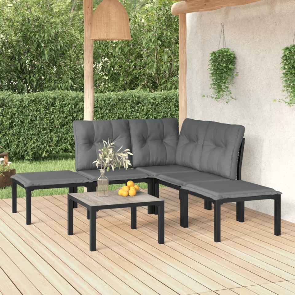 Set mobilier de grădină, 6 piese, negru și gri, poliratan