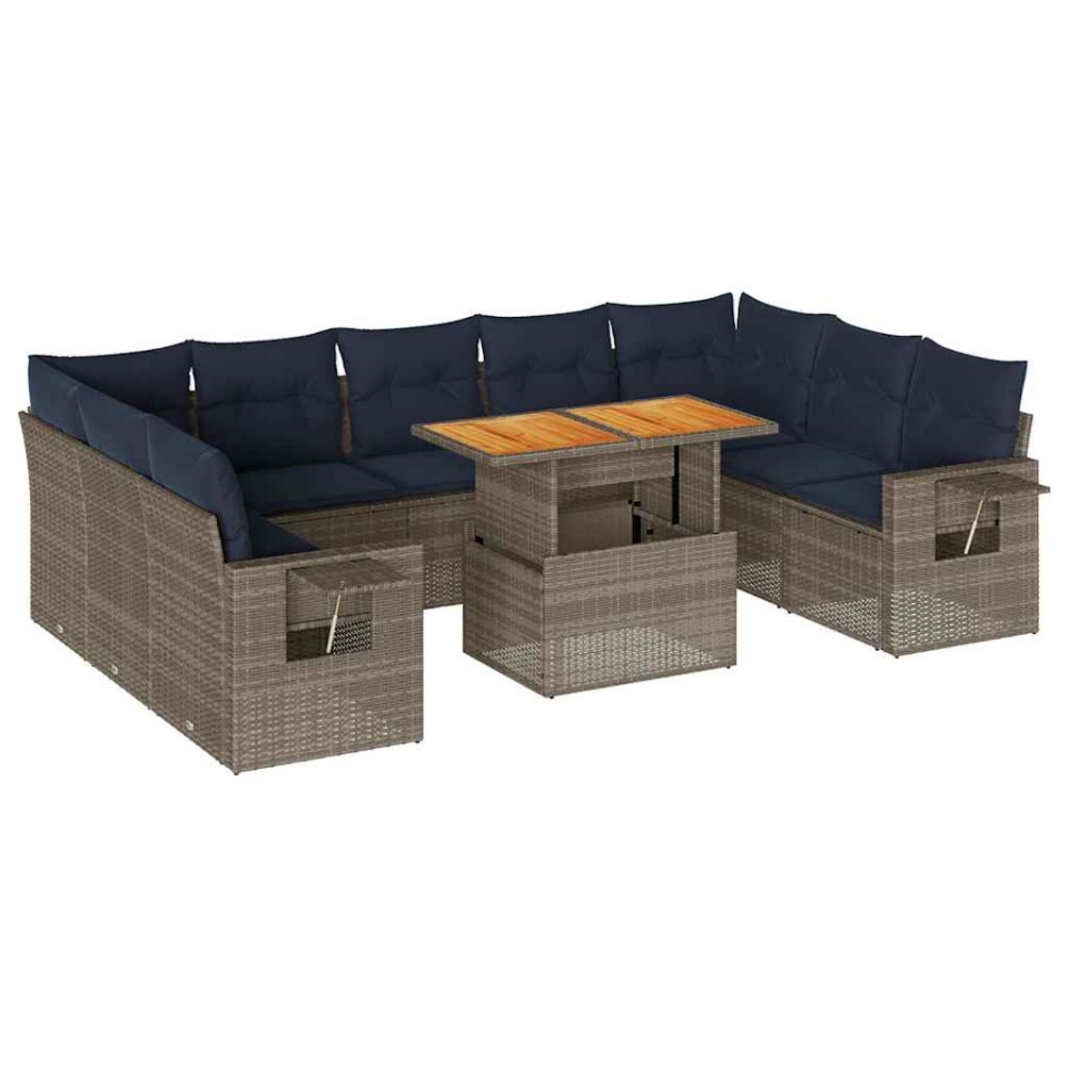 Set mobilier de grădină cu perne, 10 piese, gri, poliratan - 1 | YEO