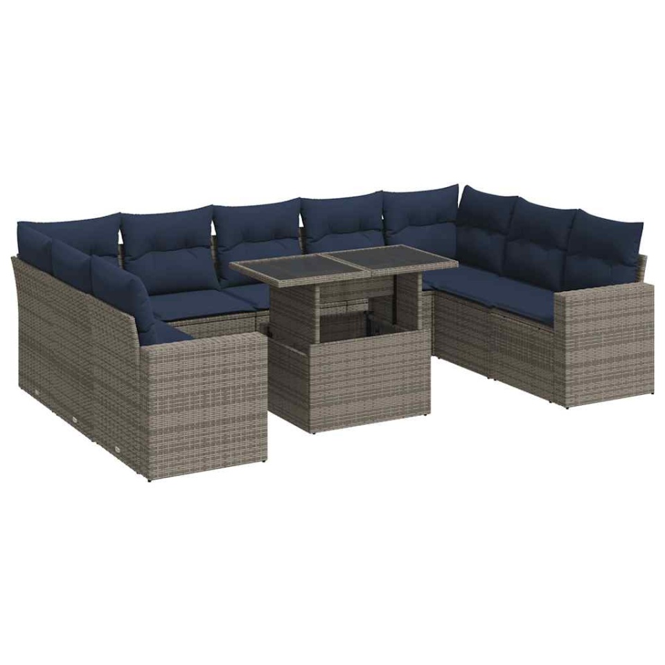 Set mobilier de grădină cu perne, 10 piese, gri, poliratan - 1 | YEO