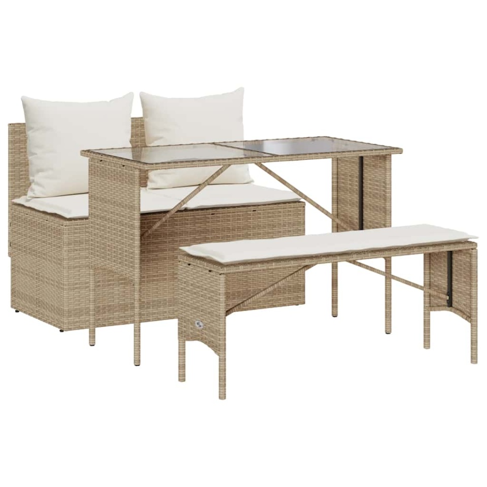 Set mobilier de grădină cu perne, 3 piese, bej, poliratan - 1 | YEO