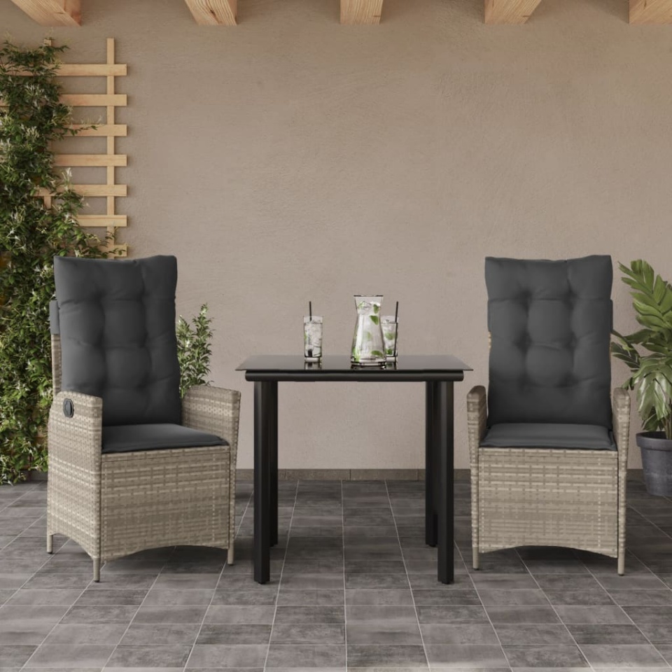 Set mobilier de grădină cu perne, 3 piese,gri deschis,poliratan