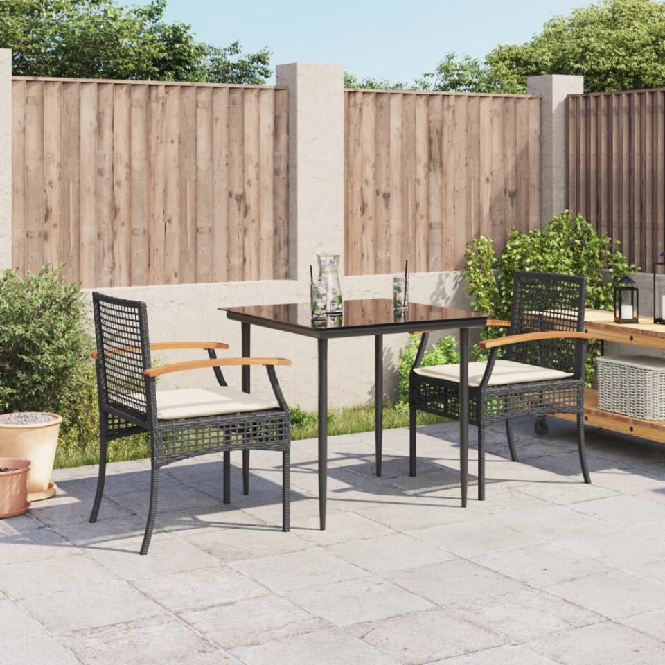 Set mobilier de grădină cu perne, 3 piese, negru, poliratan