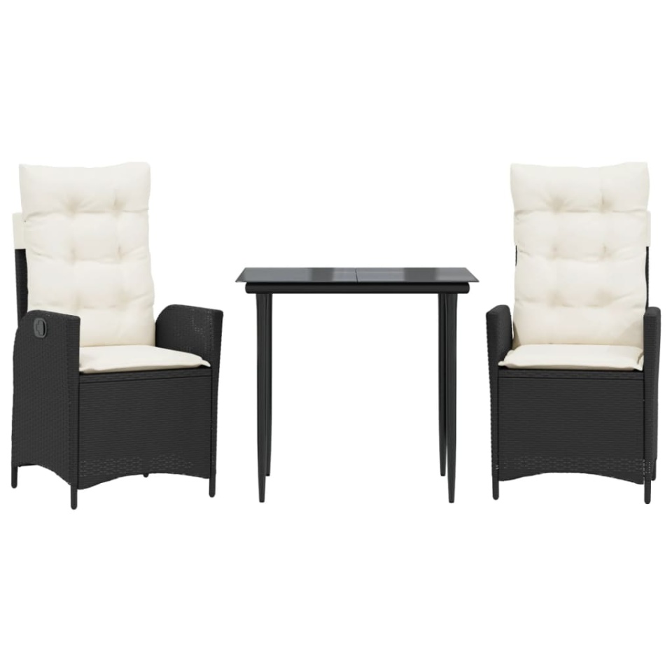 Set mobilier de grădină cu perne, 3 piese, negru, poliratan - 1 | YEO