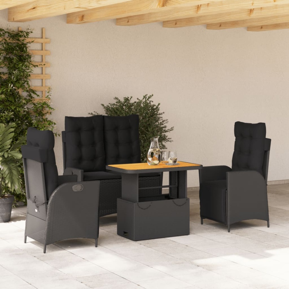 Set mobilier de grădină cu perne, 4 piese, negru, poliratan