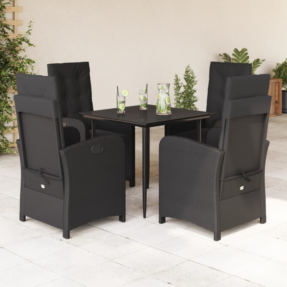 Set mobilier de grădină cu perne, 5 piese, negru, poliratan