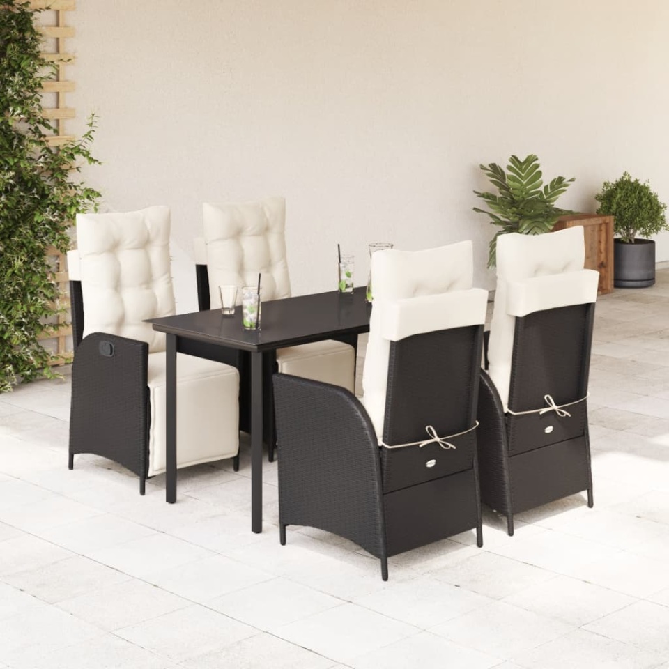Set mobilier de grădină cu perne, 5 piese, negru, poliratan