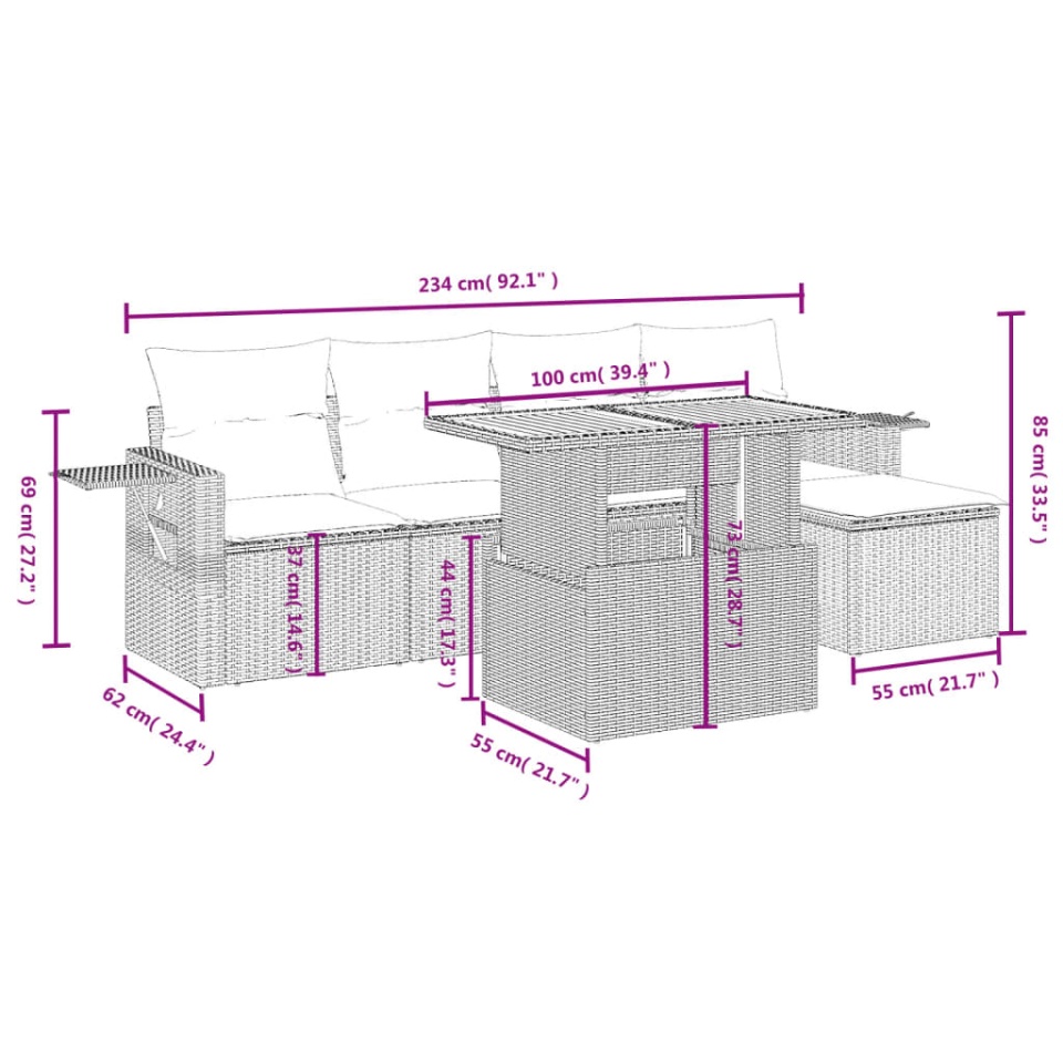 Set mobilier de grădină cu perne, 6 piese, negru, poliratan - 2 | YEO