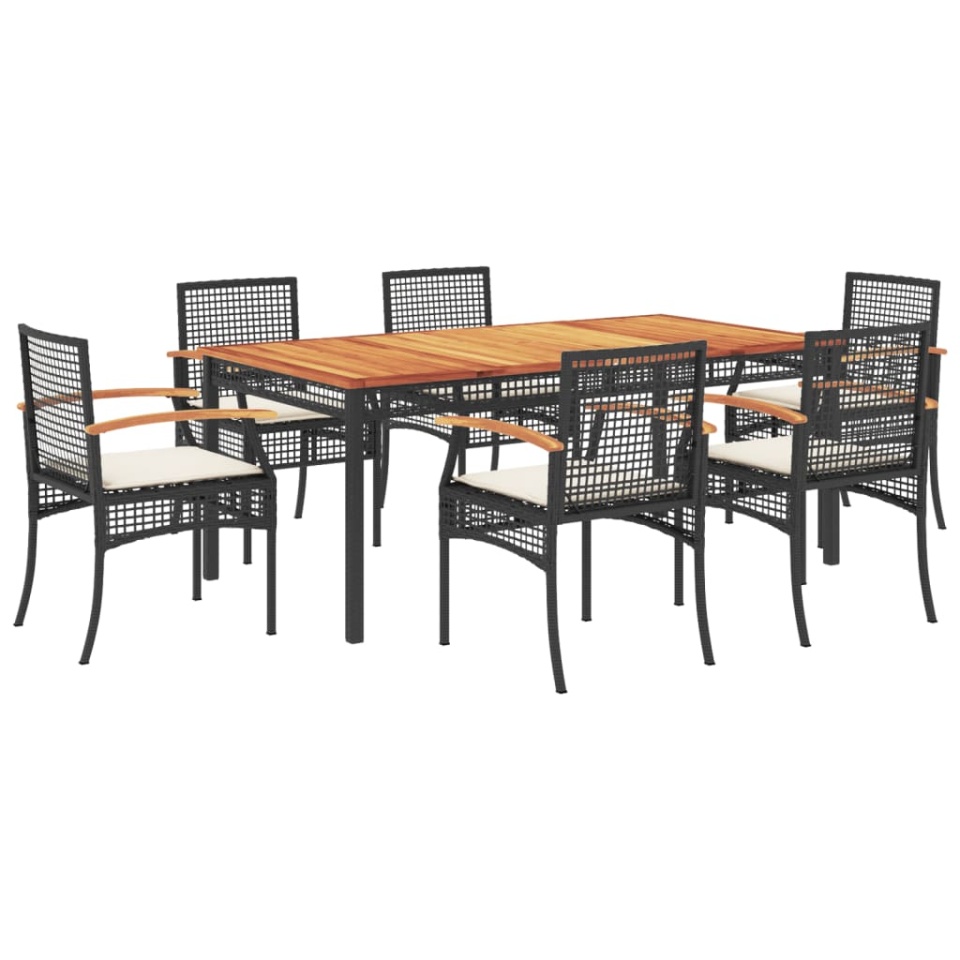 Set mobilier de grădină cu perne, 7 piese, negru, poliratan - 1 | YEO